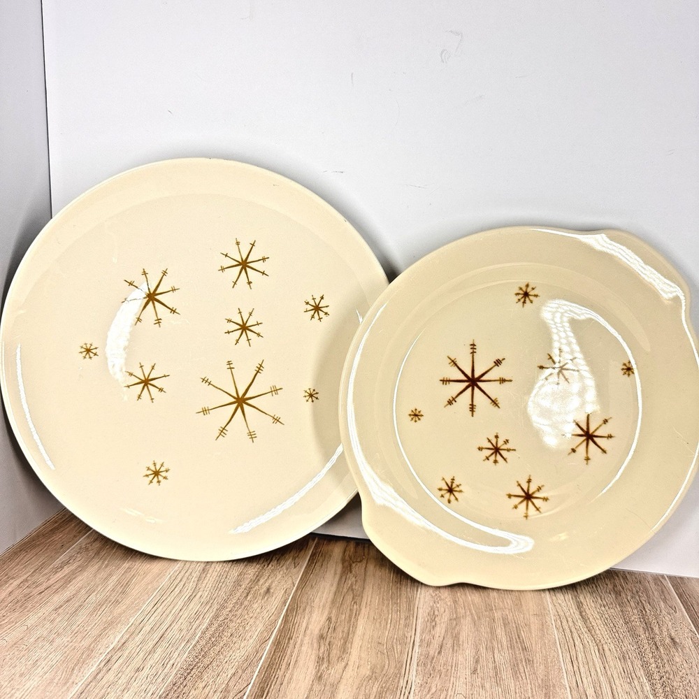 Royal China‎ Star Glow Atomic Dinner Plates 11" MCM Gold Starburst USA Set 2
